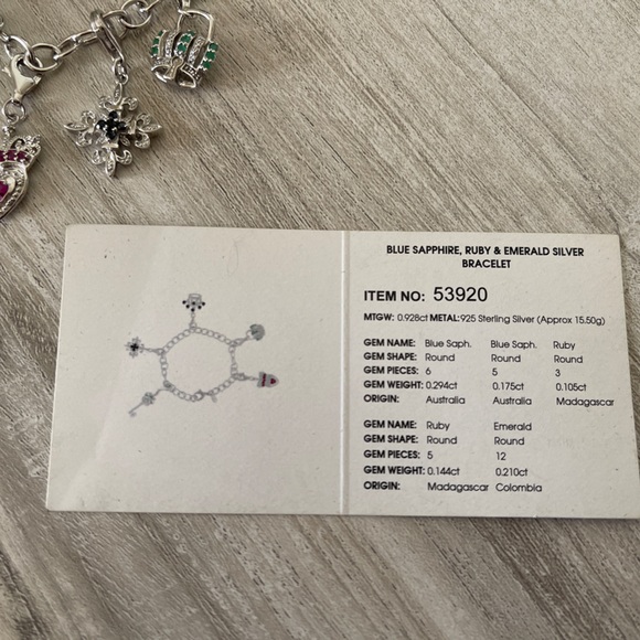 Blue Sapphire Ruby and Emerald 925 Silver Charm Bracelet - Picture 7 of 7